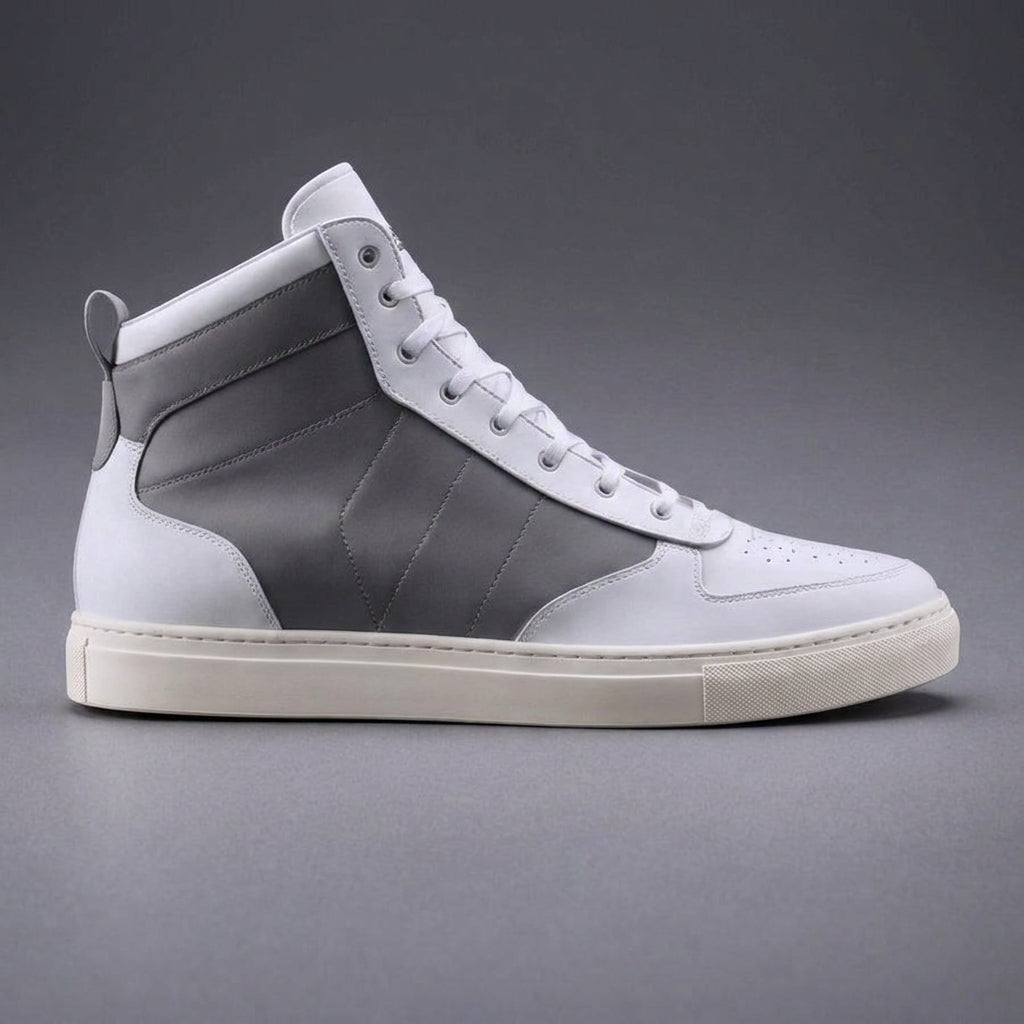 Grey & White Leather Sprint Lace-Up Sneakers with White Sole - Summer 2024 Collection