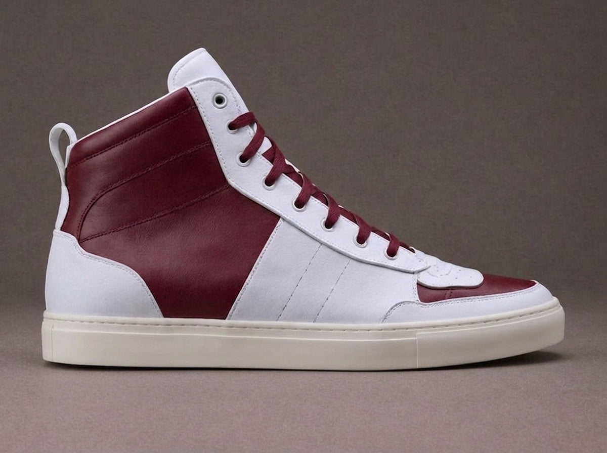 Burgundy & White Leather Sprint Lace-Up Sneakers with White Sole - Summer 2024 Collection