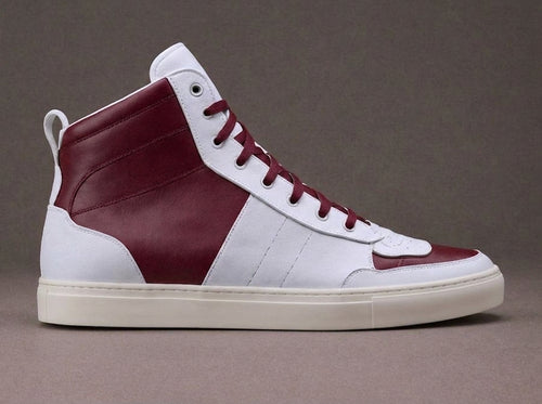 Burgundy & White Leather Sprint Lace-Up Sneakers with White Sole - Summer 2024 Collection