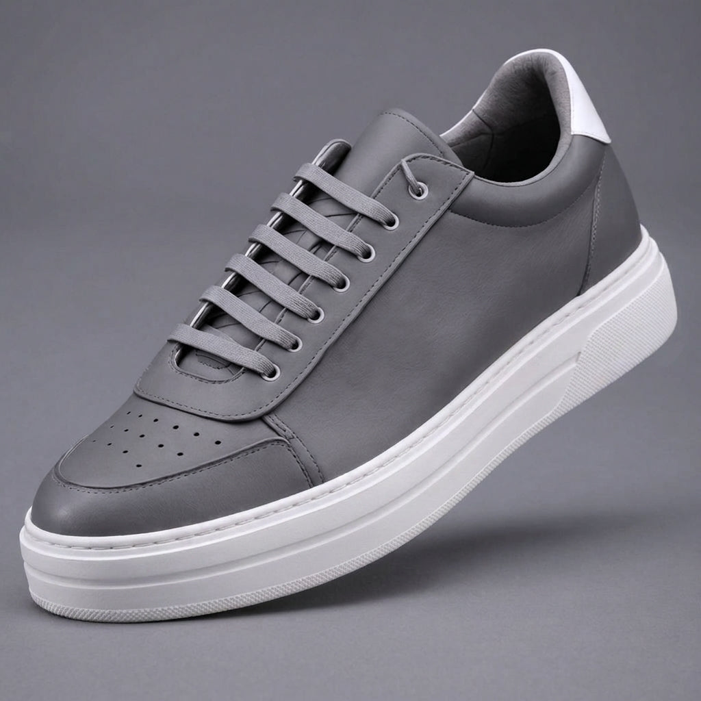 Grey & White Leather Street Sprint Lace-Up Sneakers with White Sole - Summer 2024 Collection