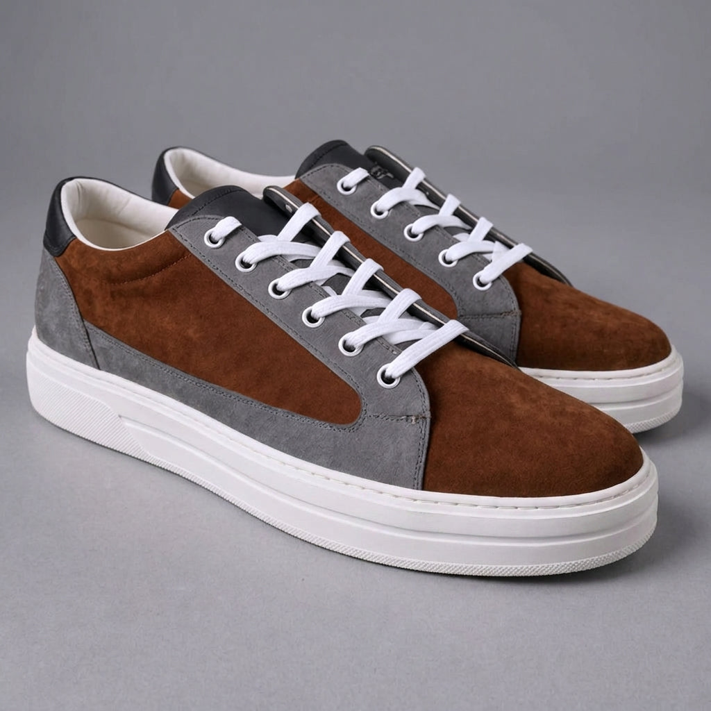 Grey & Brown Leather Street Sprint Lace-Up Sneakers with Honey Colour Sole - Summer 2024 Collection