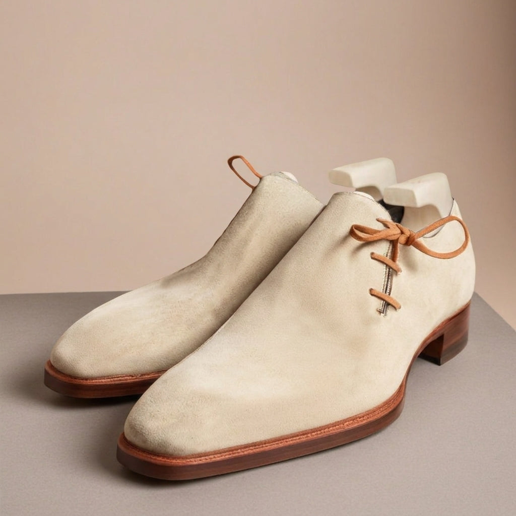 Cream Suede Leather Camria Whole Cut Oxfords - Formal Shoes