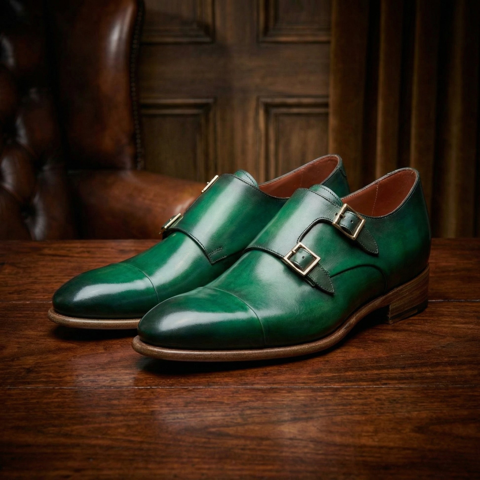 Height Increasing Green Leather Castle Monk Straps