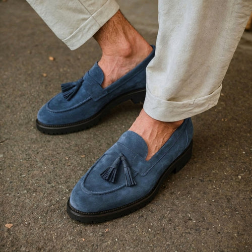 Blue Suede Belize Chunky Tassel Loafers - With Track Soles - AW24