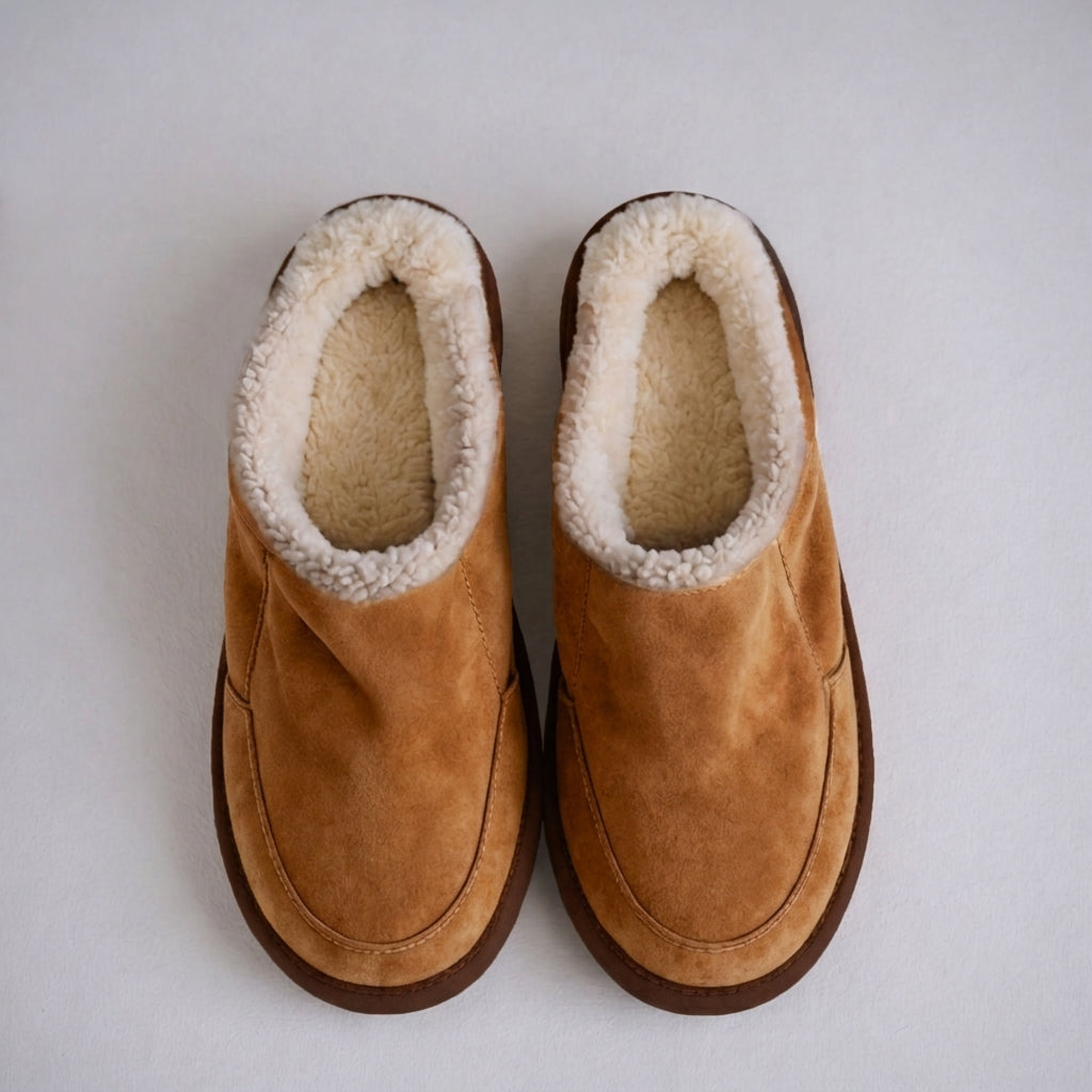 Brown Suede Leather Eliana Fur Lined Slippers