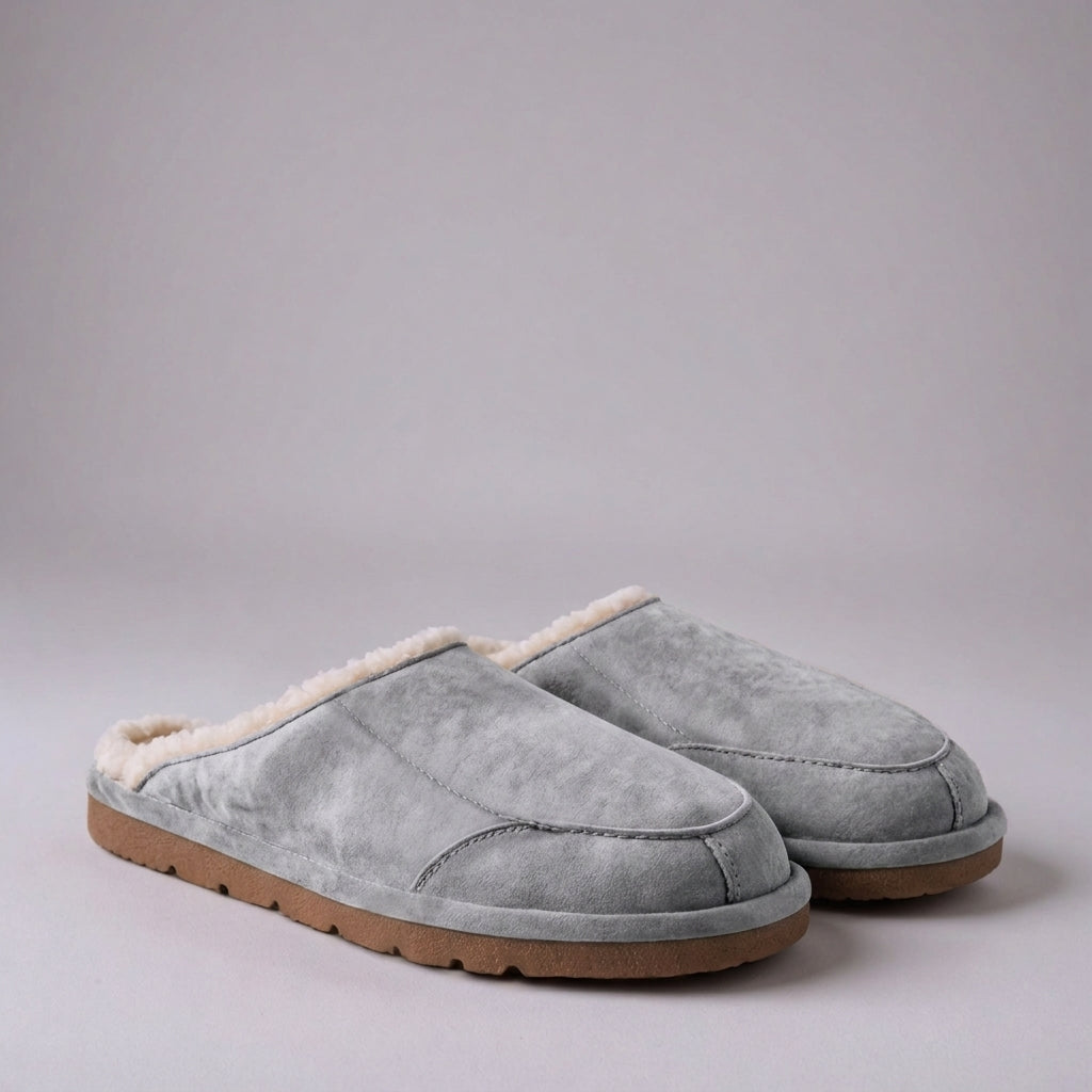 Grey Suede Leather Eliana Fur Lined Slippers