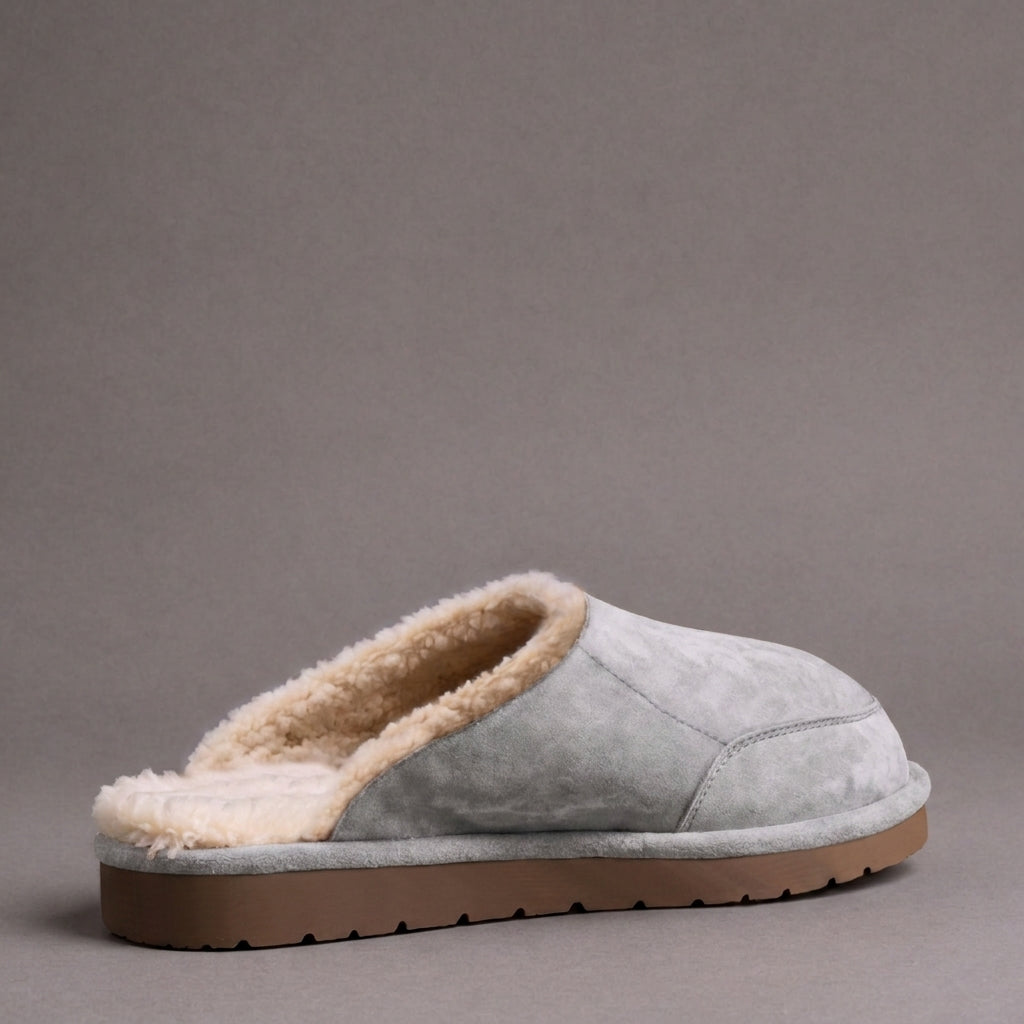 Grey Suede Leather Eliana Fur Lined Slippers