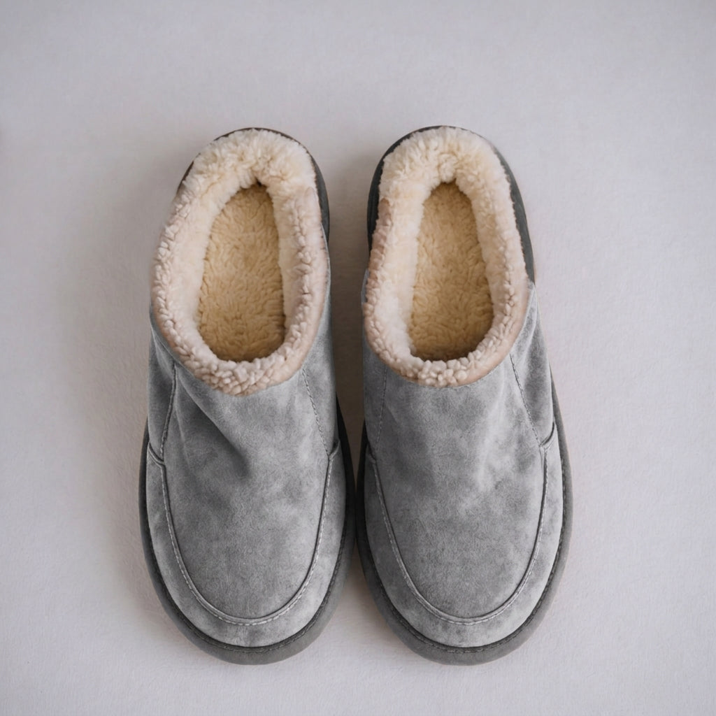 Grey Suede Leather Eliana Fur Lined Slippers