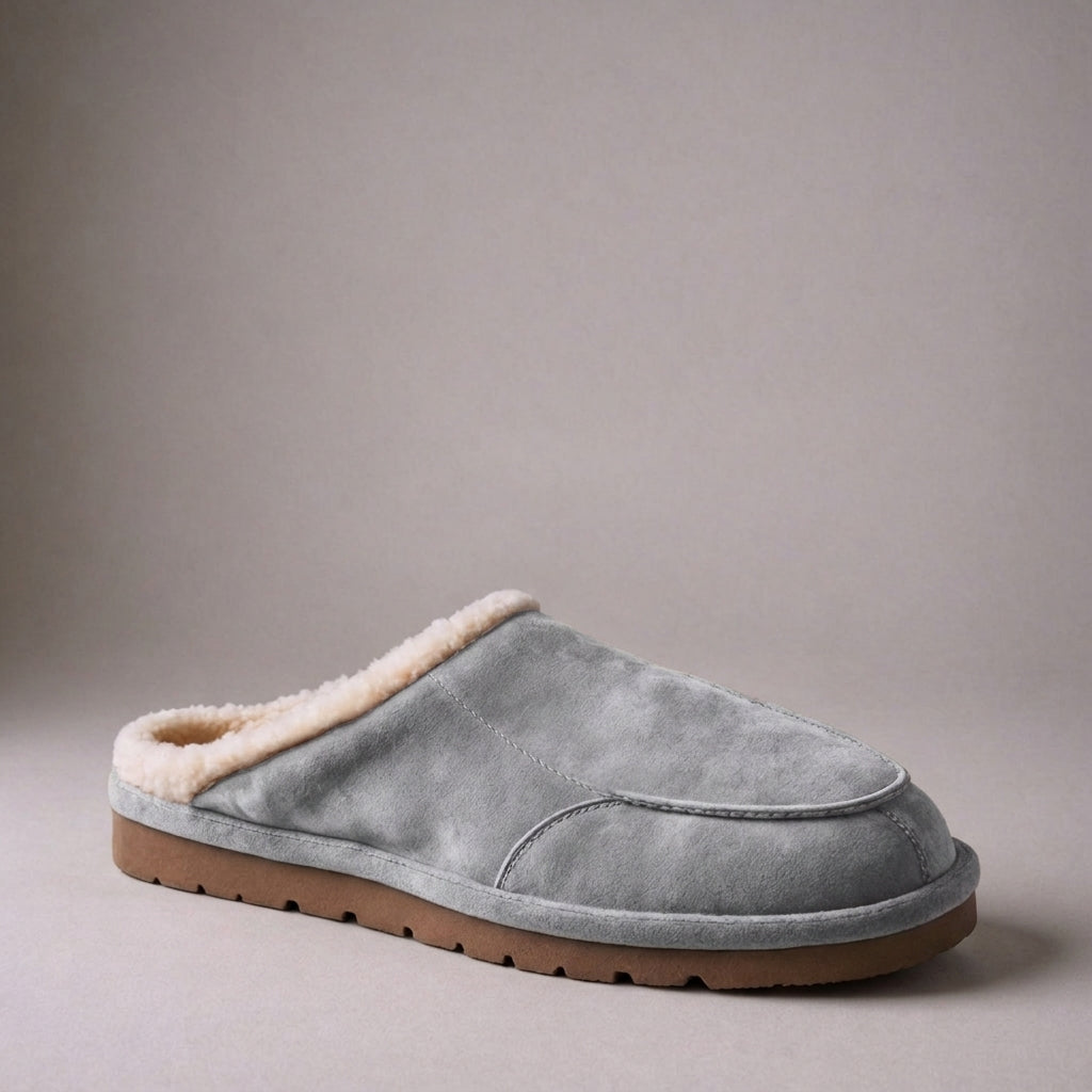 Grey Suede Leather Eliana Fur Lined Slippers