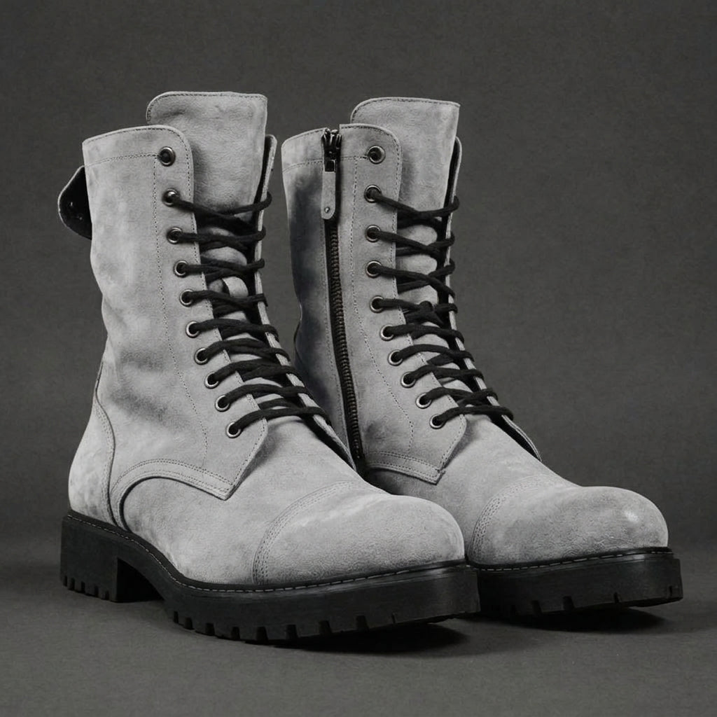 Grey Suede Leather Oriella Lace Up Chunky Derby Boots with Zipper and Track Sole - AW24 - Hiking and Trekking Boots