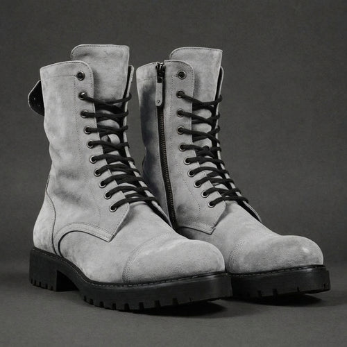 Grey Suede Leather Oriella Lace Up Chunky Derby Boots with Zipper and Track Sole - AW24 - Hiking and Trekking Boots