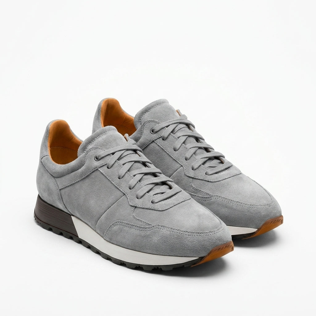 Grey Suede Leather Nausori Lace Up Running Sneaker Shoes