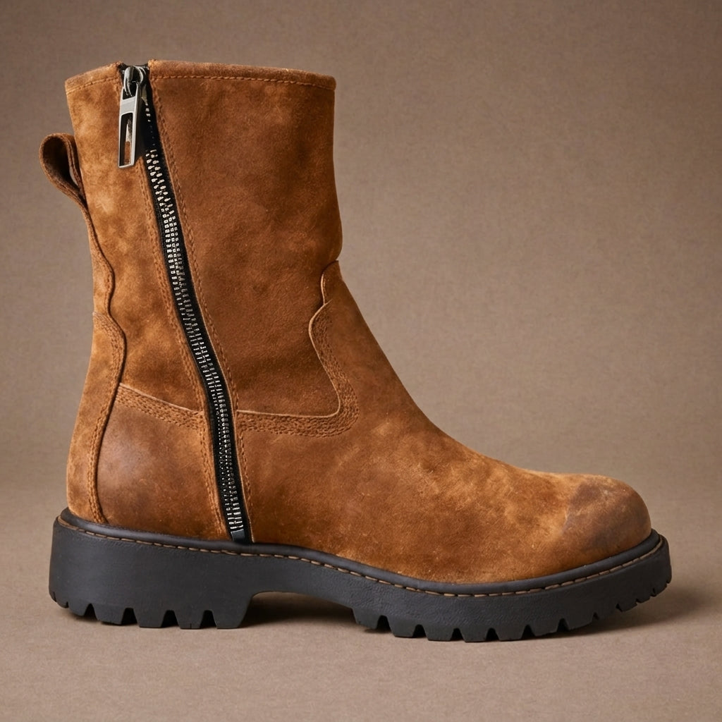 Brown Suede Leather Massimiliano With Thick Sole Zipper Boots