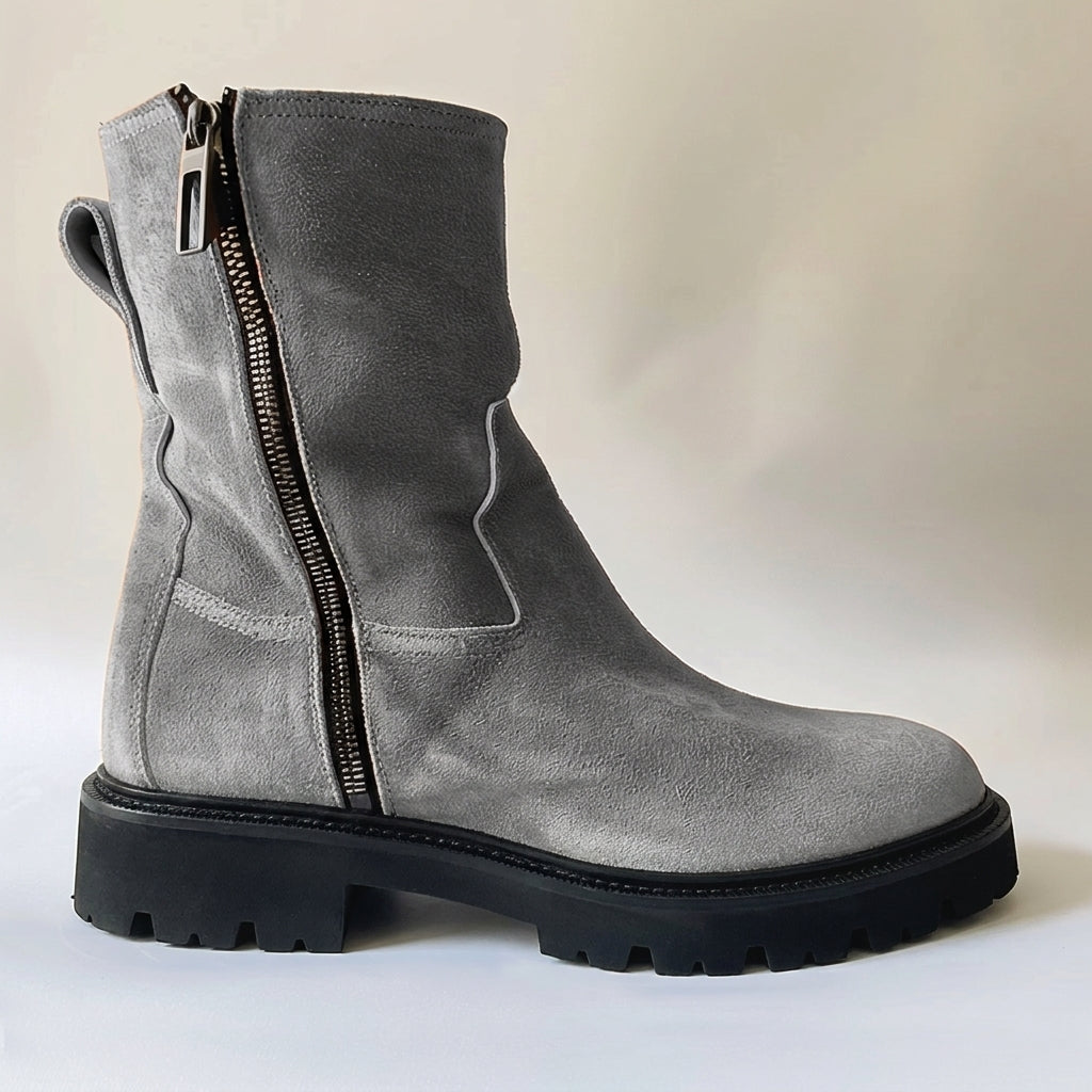 Grey Suede Leather Massimiliano With Thick Sole Zipper Boots