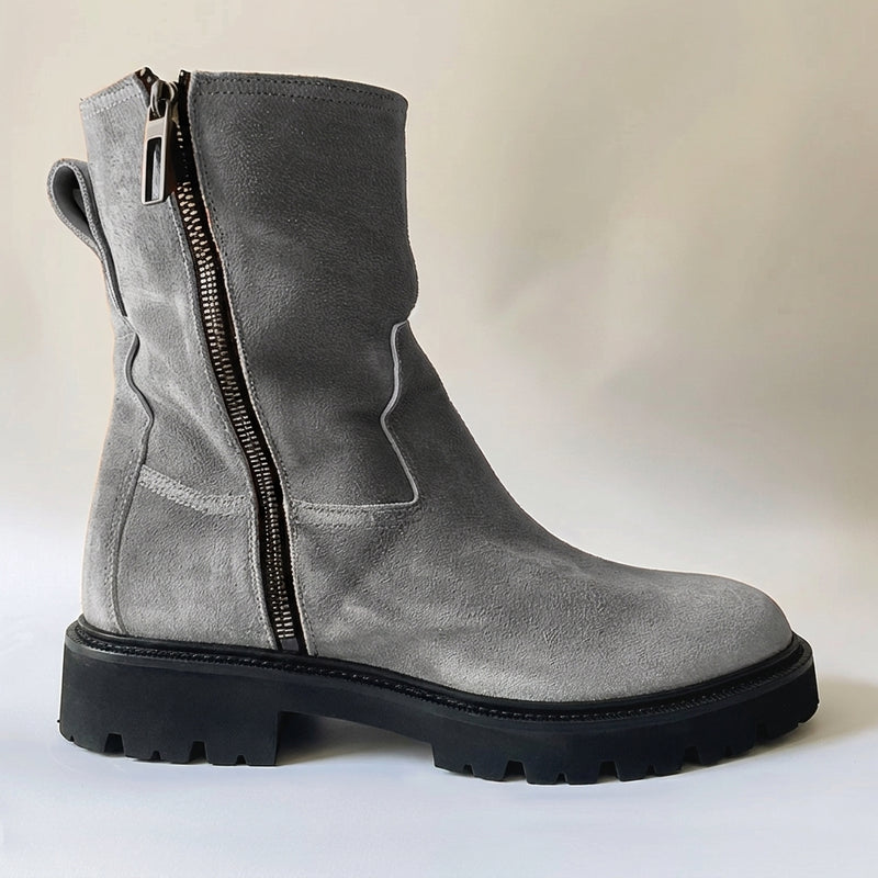 Grey Suede Leather Massimiliano With Thick Sole Zipper Boots