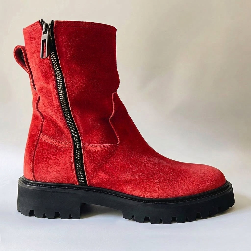 Burgundy Suede Leather Massimiliano With Thick Sole Zipper Boots