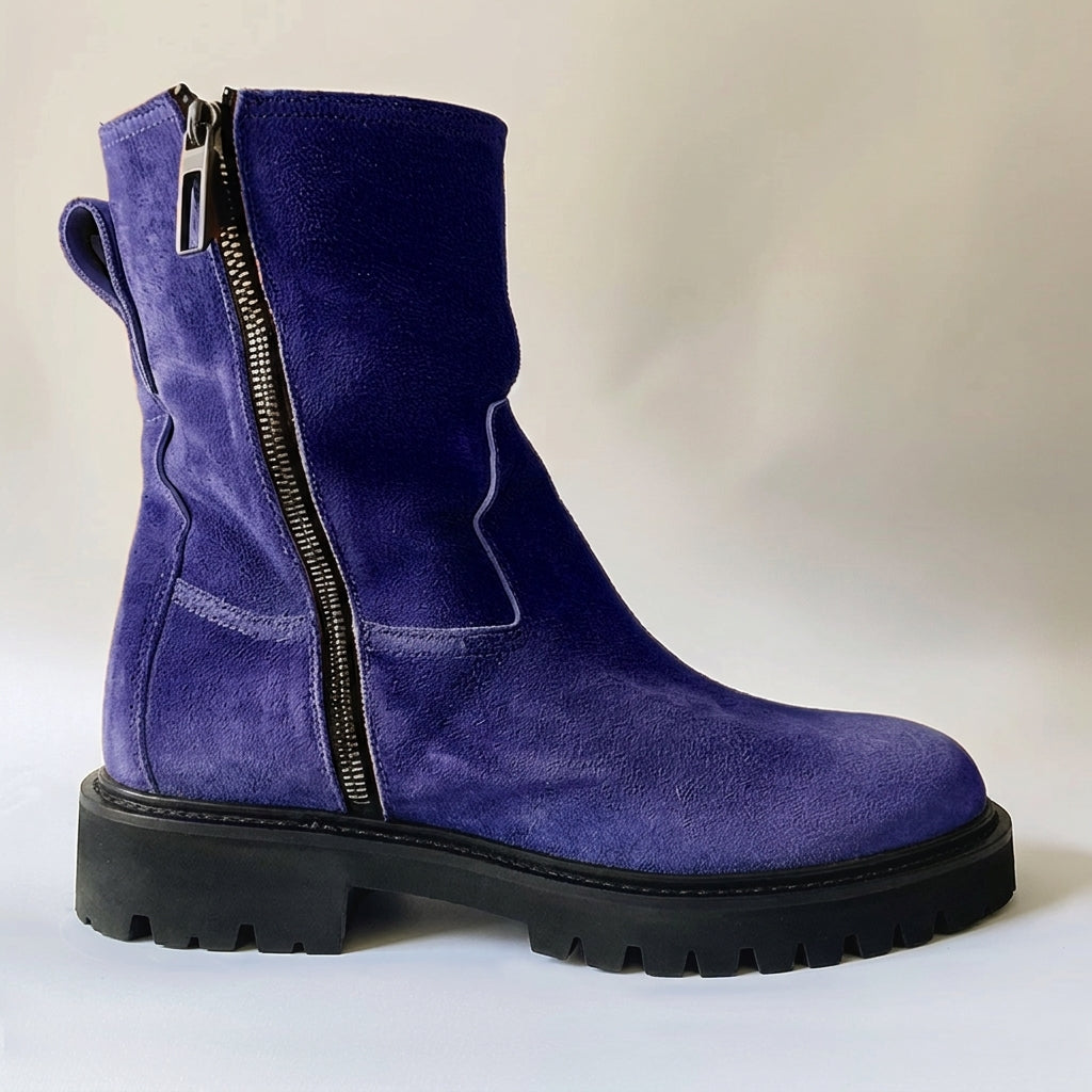 Blue Suede Leather Massimiliano With Thick Sole Zipper Boots