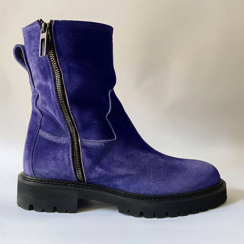 Blue Suede Leather Massimiliano With Thick Sole Zipper Boots