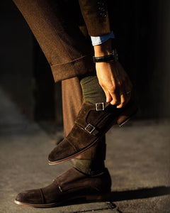Brown Suede Marinelle Teo Cap Buckle Double Monk Straps 