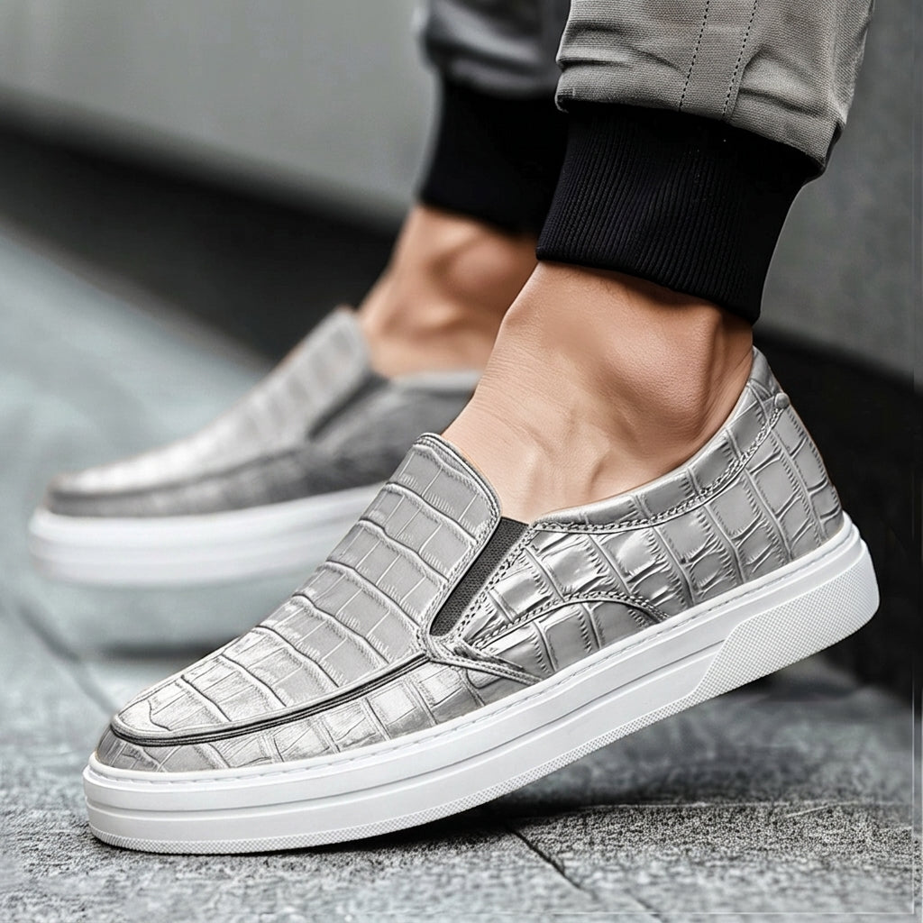 Grey Croc Print Leather Wheat Whisper Slip On Sneakers  - Summer 2024 Collection