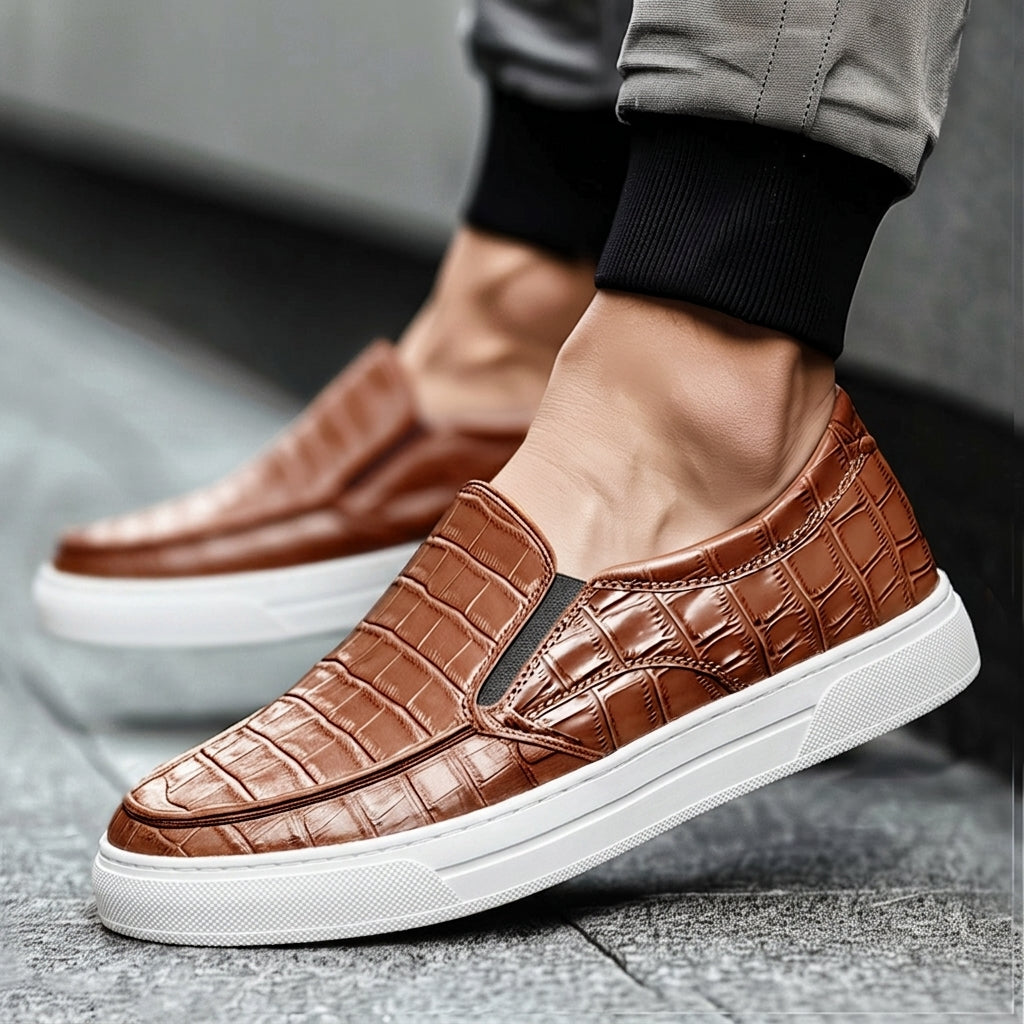 Brown Croc Print Leather Wheat Whisper Slip On Sneakers  - Summer 2024 Collection