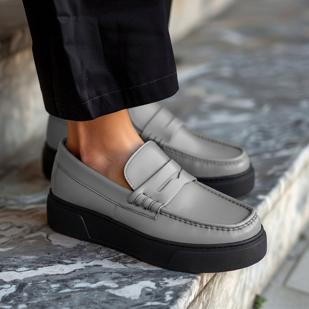 Grey Leather Aristide With Thick Sole Loafers