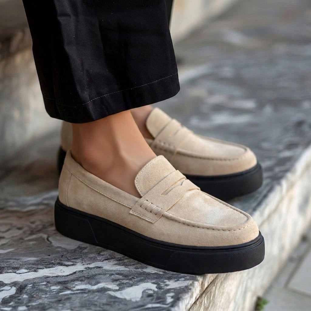 Cream Suede Leather Aristide With Thick Sole Loafers