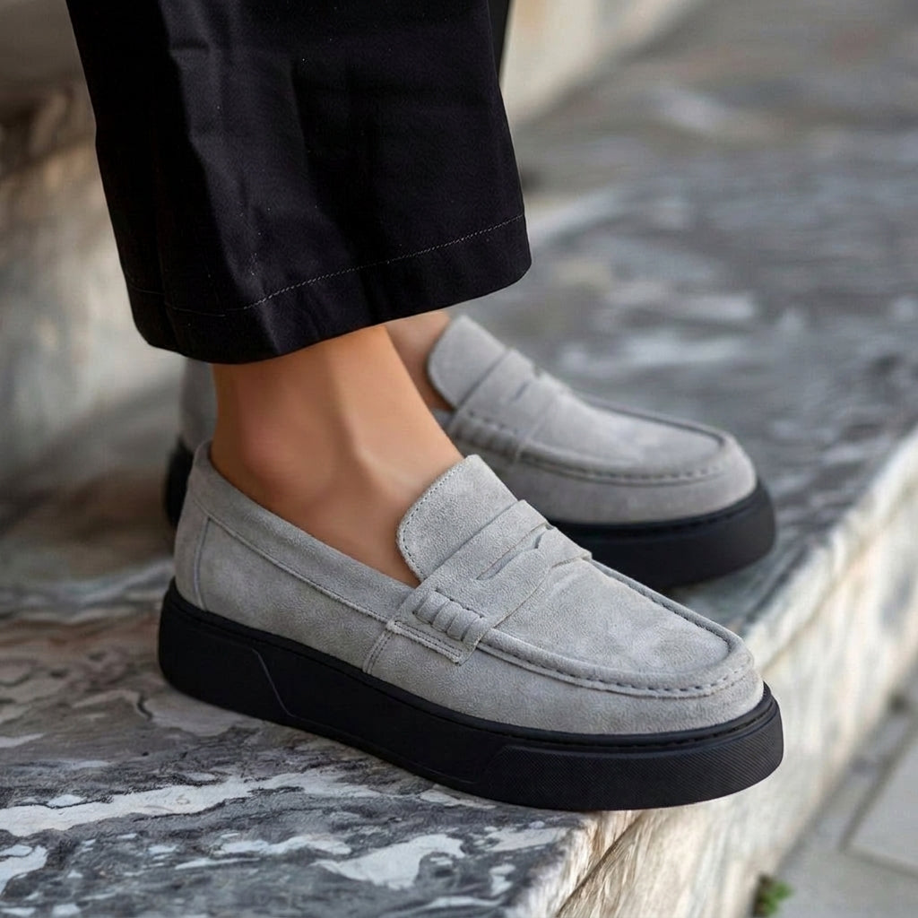 Grey Suede Leather Aristide With Thick Sole Loafers