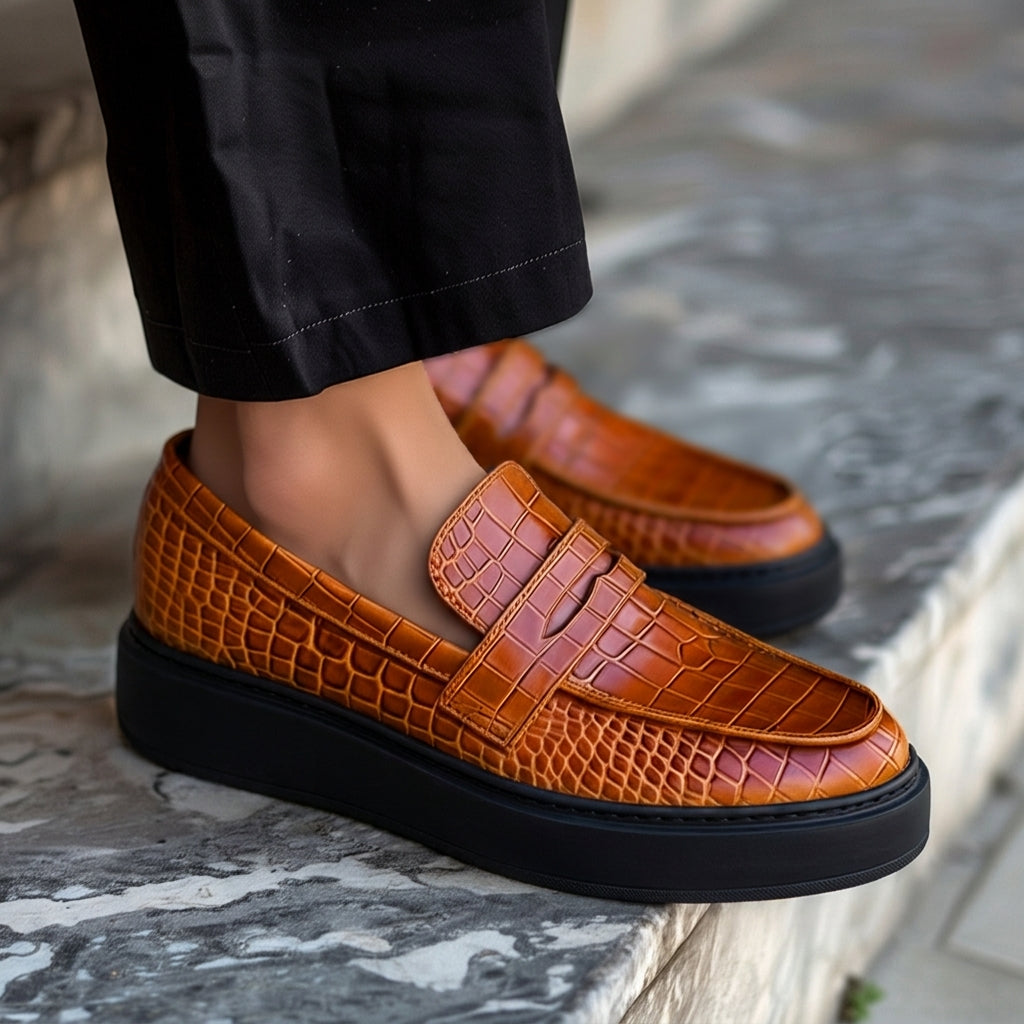 Tan Croc Print Leather Aristide With Thick Sole Loafers