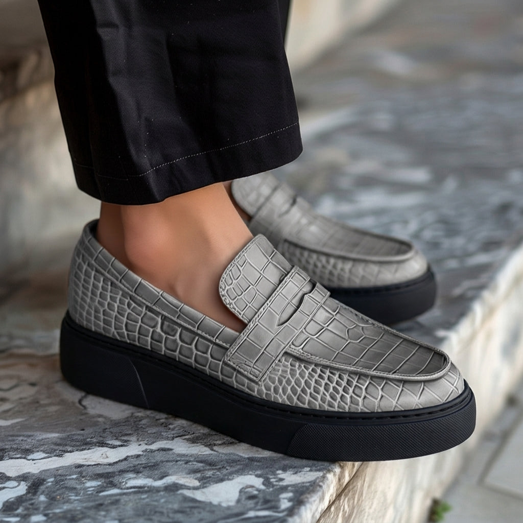 Grey Croc Print Leather Aristide With Thick Sole Loafers