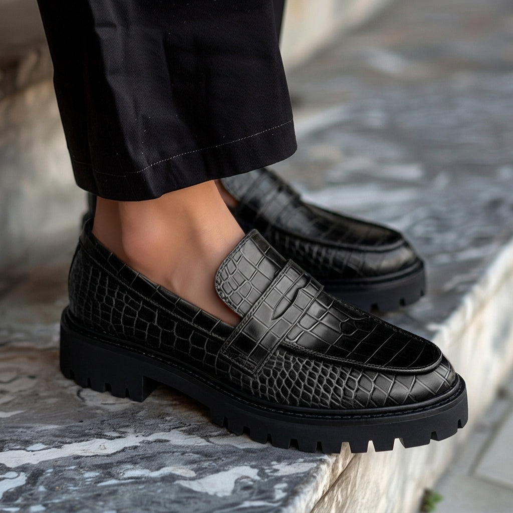 Black Croc Print Leather Aristide With Thick Sole Loafers