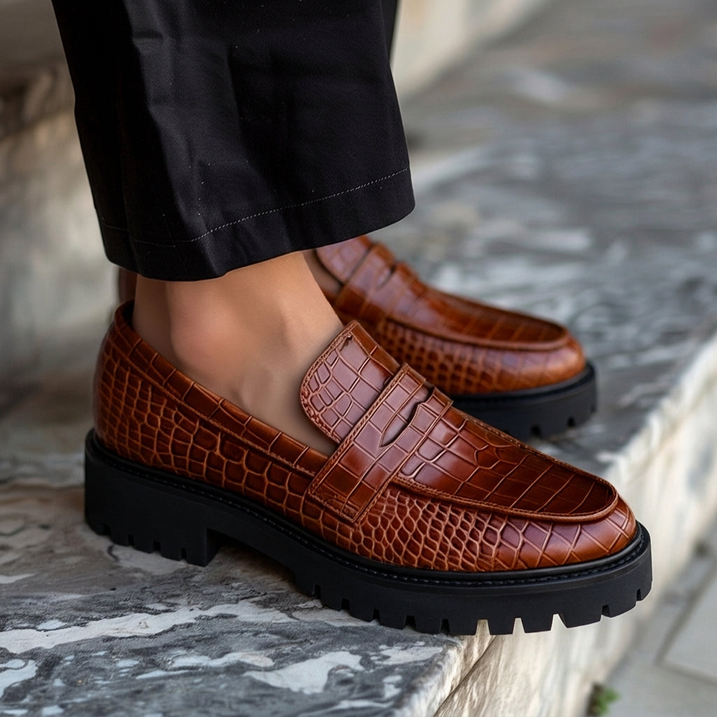Brown Croc Print Leather Aristide With Thick Sole Loafers