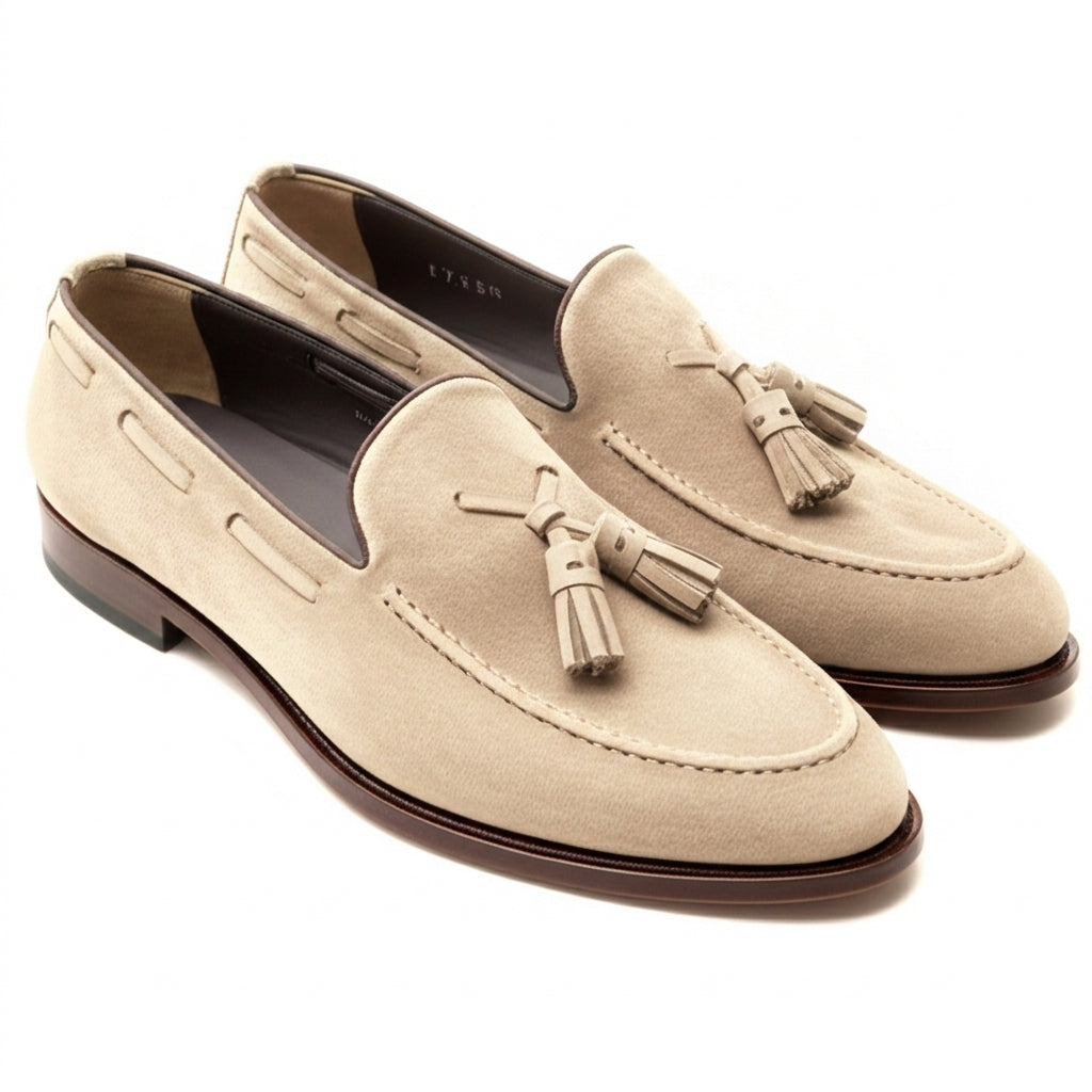 Cream Suede Leather Barbican Tassel Loafers