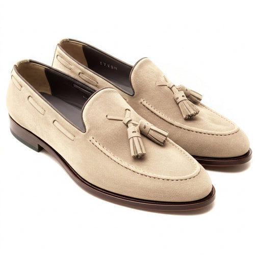 Cream Suede Leather Barbican Tassel Loafers