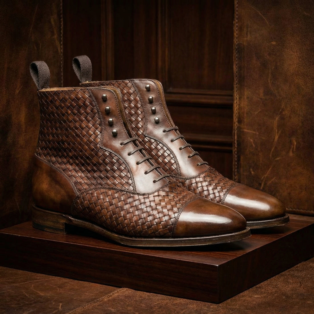 Brown Braided Leather Efford Lace Up Boots