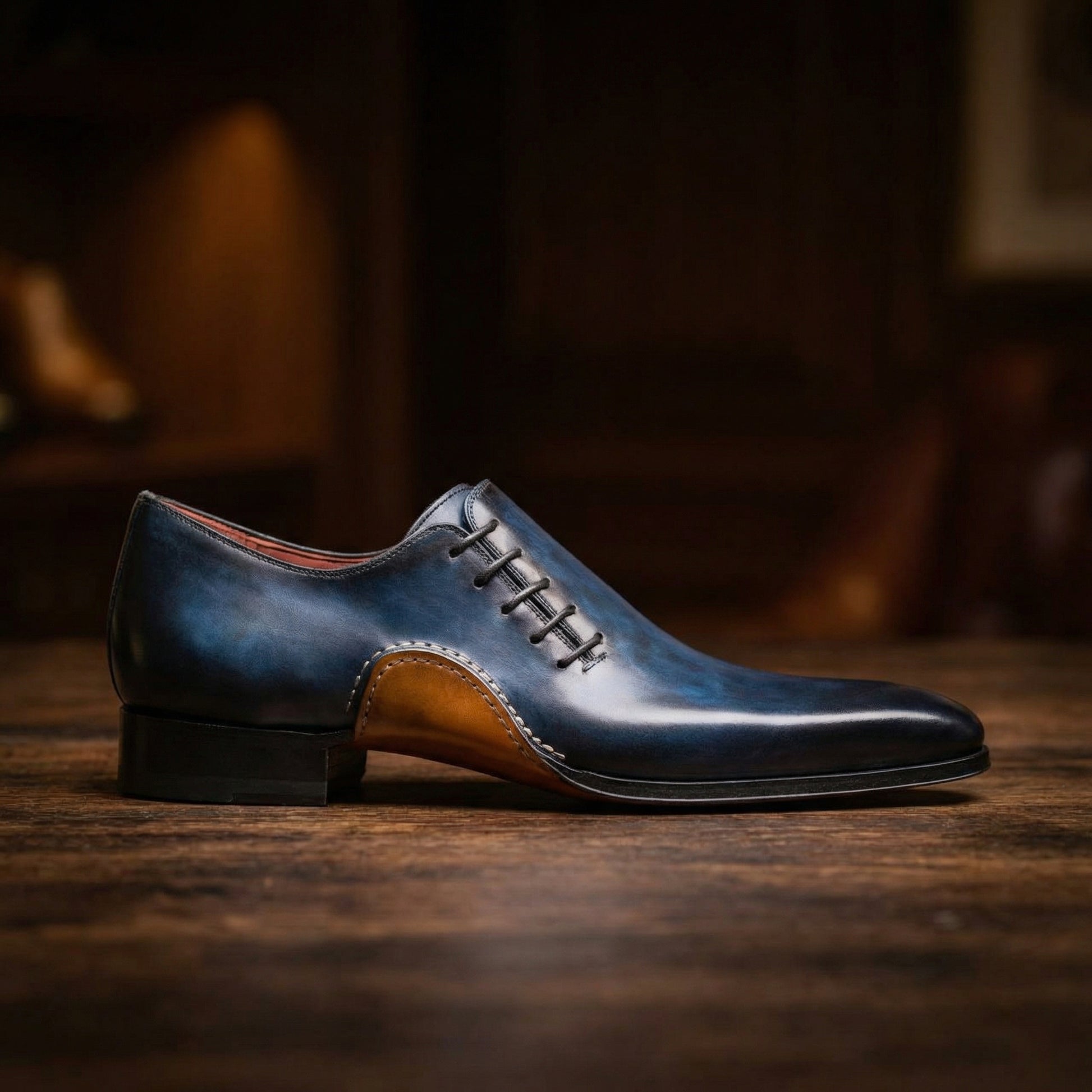 Height Increasing Navy Blue Leather Cobar Oxfords Shoes