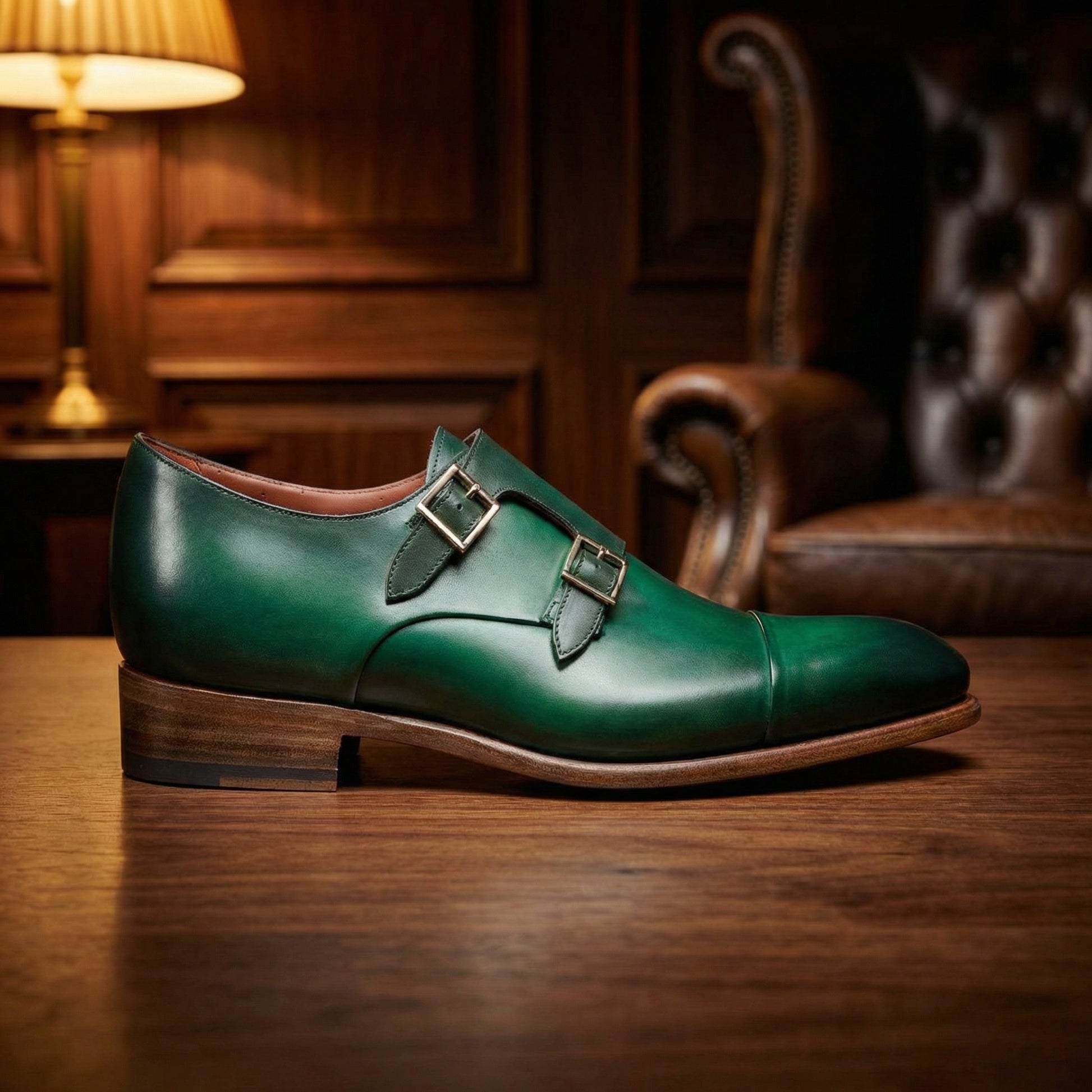 Height Increasing Green Leather Castle Monk Straps