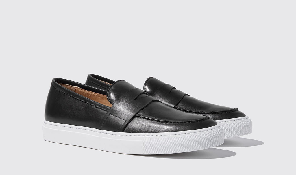 Black Leather Phoebe Slip On Penny Sneakers with White Soles