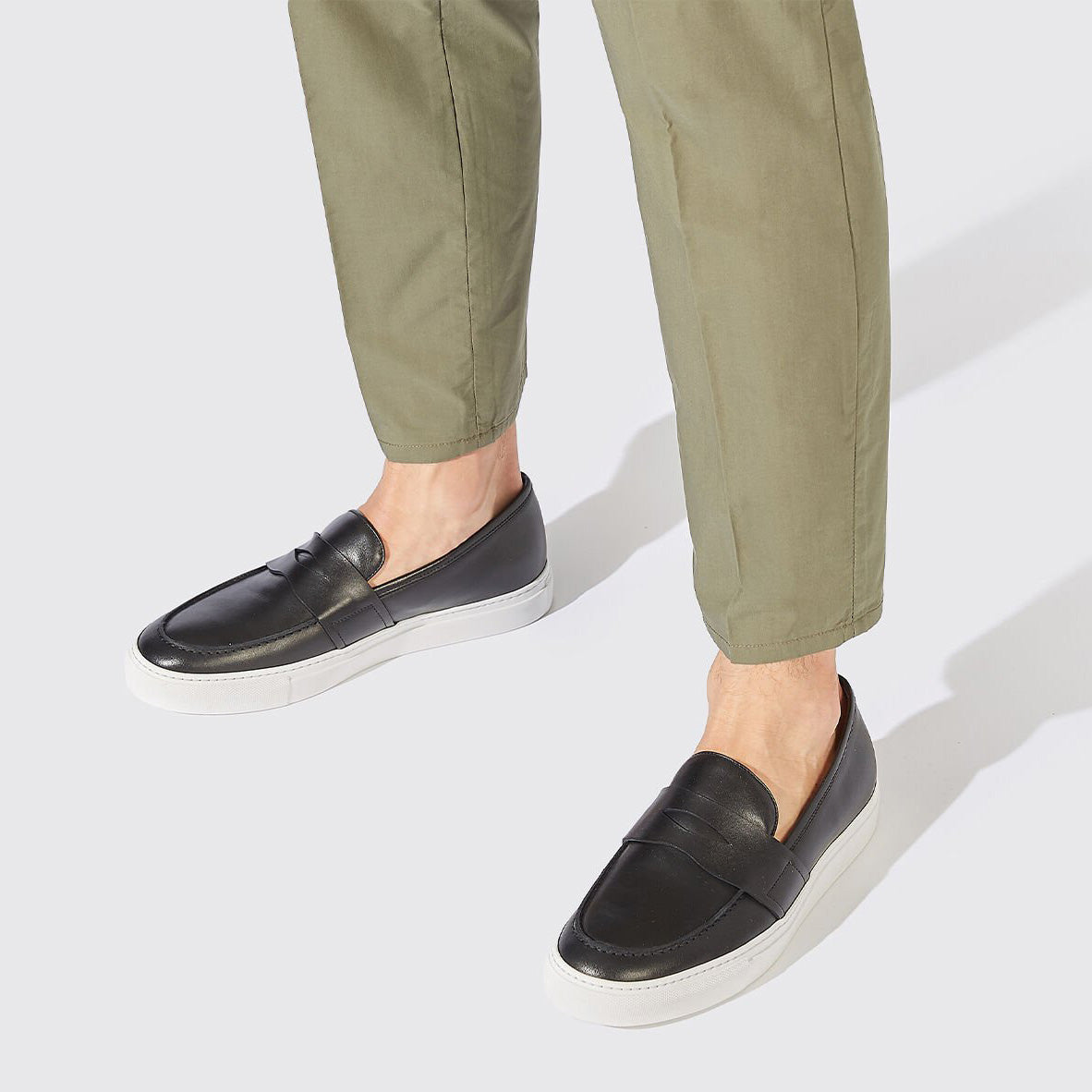 Black Leather Phoebe Slip On Penny Sneakers with White Soles