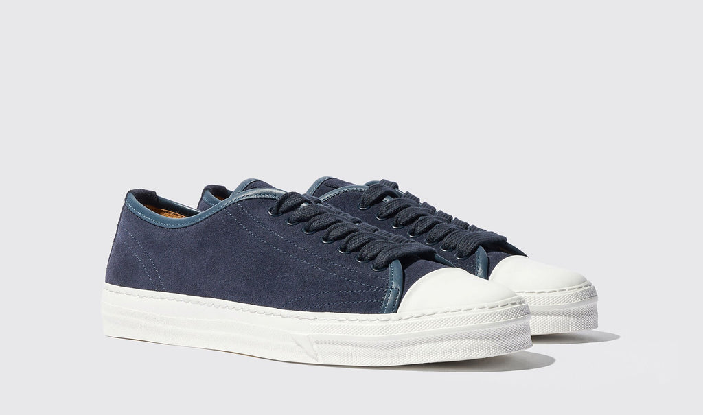 Navy Blue Leather Marshmallow Lace-Up Sneakers With White Sole