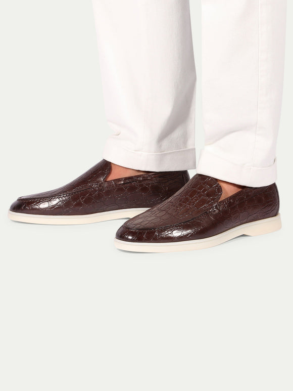 Brown Croc Print Leather Athena Yatch Loafers with White Soles 