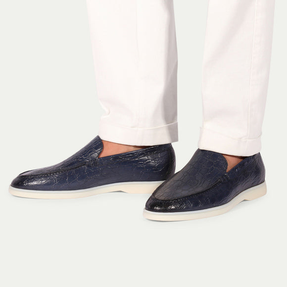 Navy Blue Croc Print Leather Athena Yatch Loafers with White Soles 