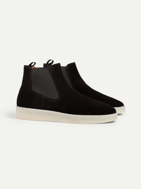 Black Suede Caleros Chelsea Boots with White Sole