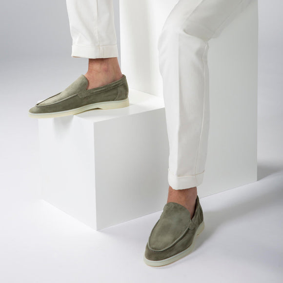 PIstacho Green Suede Athena Yatch Loafers with White Soles 