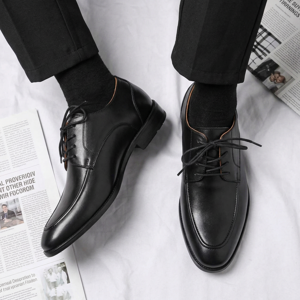Height Increasing Black Leather Conglet Chunky Derby Shoes