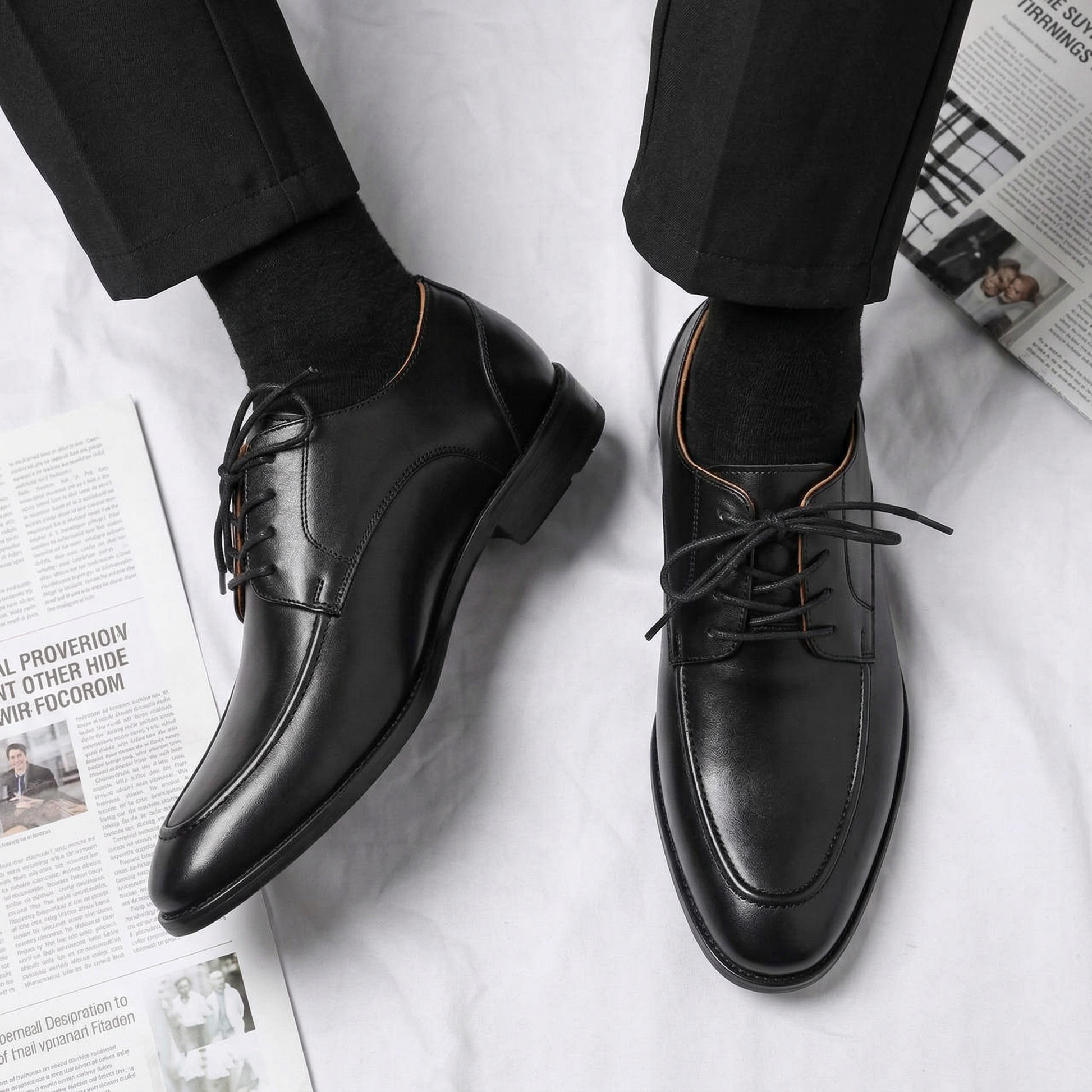 Height Increasing Black Leather Conglet Chunky Derby Shoes