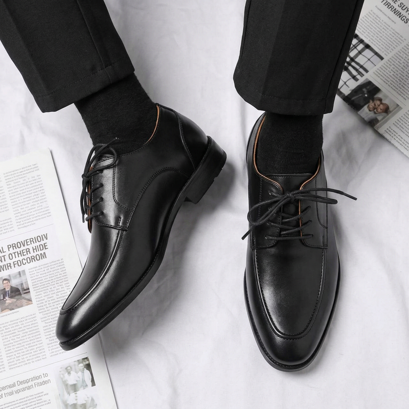 Height Increasing Black Leather Conglet Chunky Derby Shoes