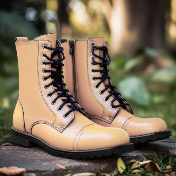 Cream Leather Belinda Chunky Hiking Combat Lace Up Zipper Boots