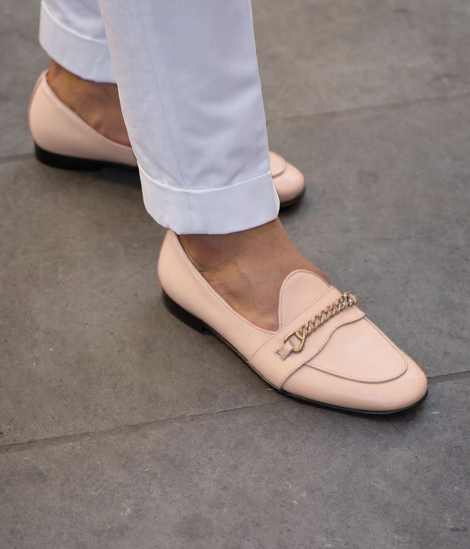 Cream Leather Guida Loafers With Chain