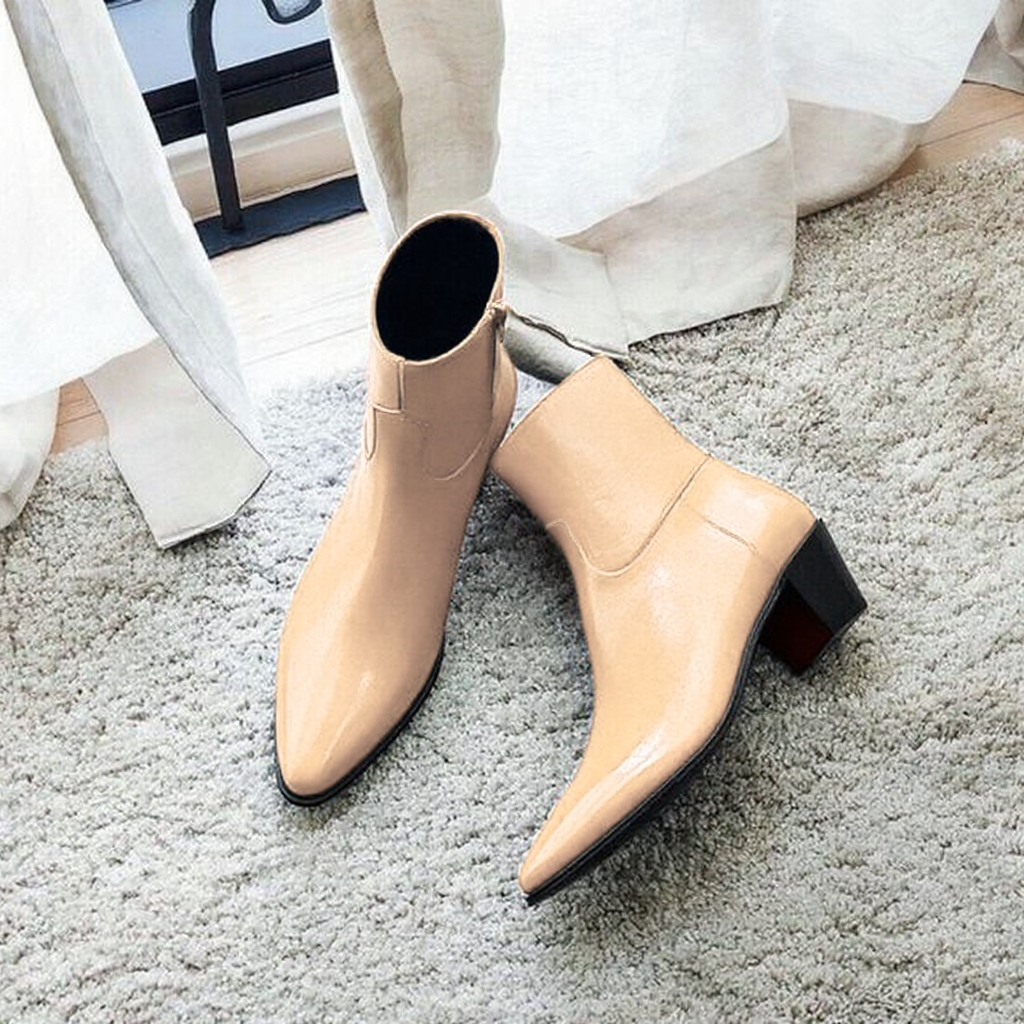 Cream Leather Fiorina Slip On Zipper Pointed Boots for Men - AW24